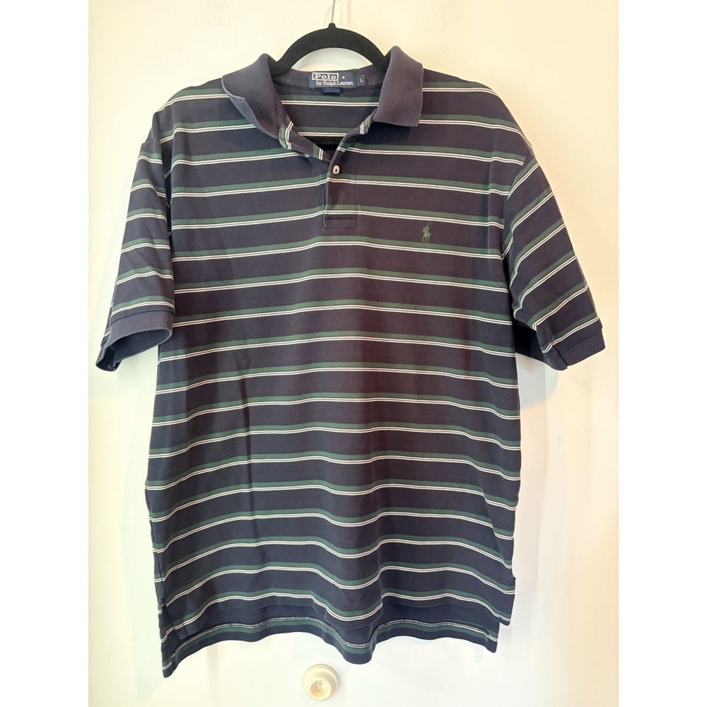 Vintage Polo Ralph Lauren Striped Polo Shirt Mens L Green Navy Classic Textured